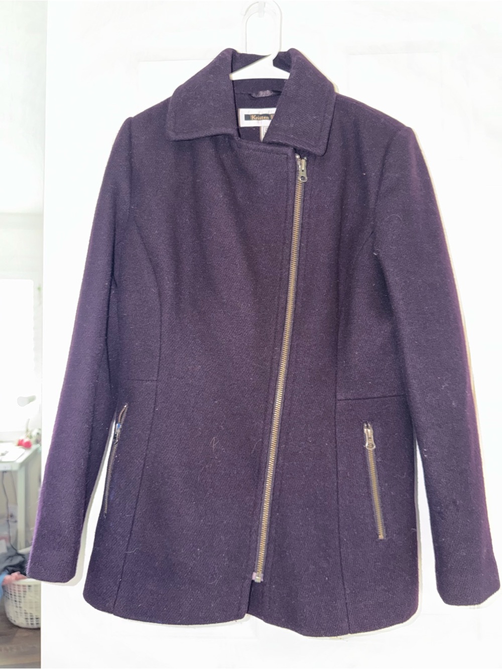 Women’s Dark Purple Asymmetrical Zip Wool Coat